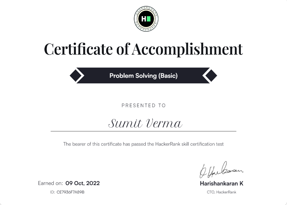 HackerRank Problem Solving Certificate